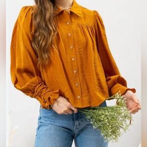 Blu Pepper Cognac Blouse with Lace-Up Sleeves  NWT